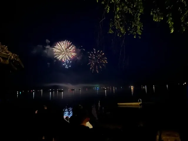 Fireworks over Lake Arbutus with spectators and tree branches along the shoreline.